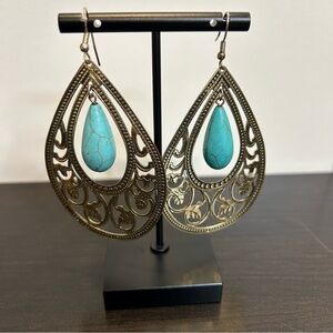 Boho Teardrop Earrings with Turquoise stone filigree design Silver Tone